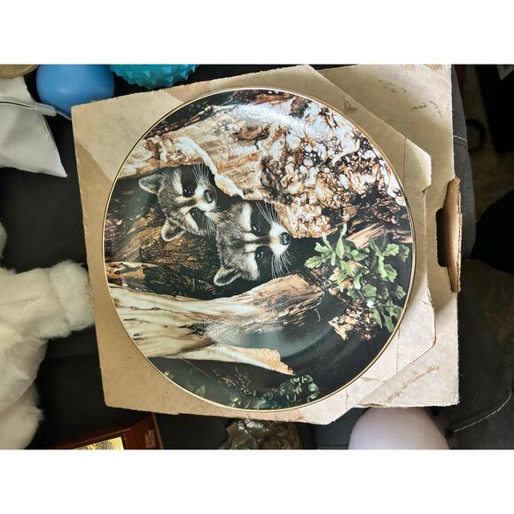 VGUC Vintage 20 Piece Raccoon Collection Pictures Bags Stuffies Plate Wood Box - Picture 8 of 10